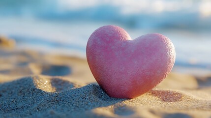 Fototapeta premium Pink heart on a sandy beach under soft sunlight photos