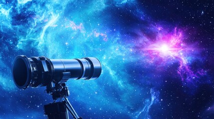 A telescope is pointed towards a vibrant cosmic scene filled with colorful nebulae and stars, capturing the beauty of the universe.