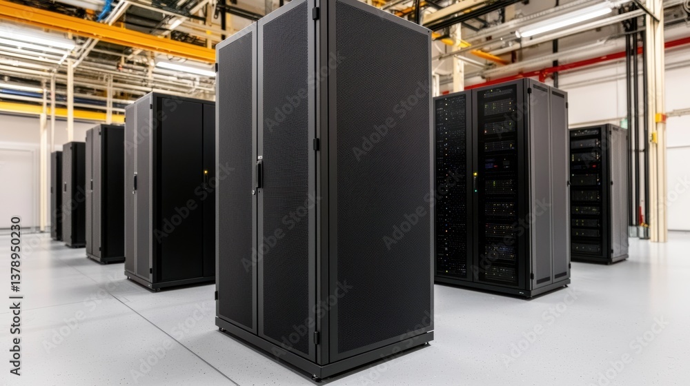 Poster a modern data center featuring multiple server racks lined up in an industrial space, highlighting t