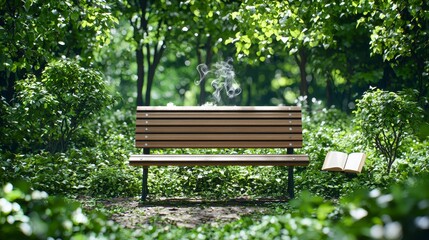 Tranquil park scene with an empty wooden bench surrounded by lush greenery a wisp of smoke rising and an open book lying on the ground nearby