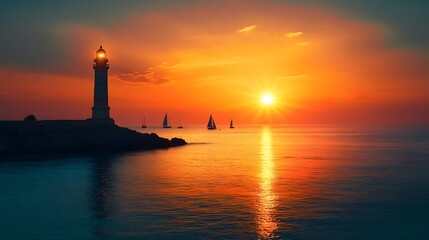 Lighthouse in the sunset glow and tranquil sea surface