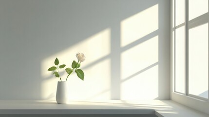 Single White Flower In Simple White Vase Sunlight Through Window