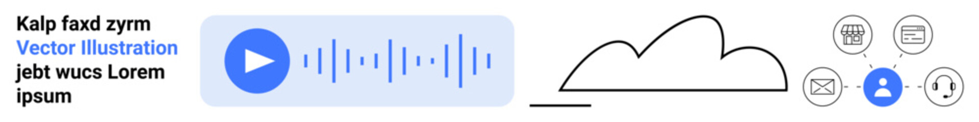 Audio playback player with waveform, cloud storage, and icons for user, messaging, shopping, and calendar. Ideal for technology, audio apps, data storage cloud integration user connectivity smart