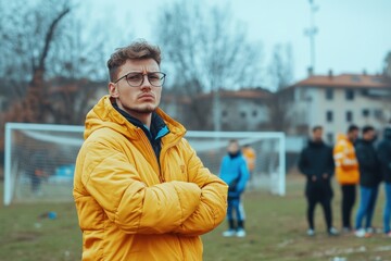 Young man in a yellow jacket observes soccer practice on a cloudy day at the field with players in the background