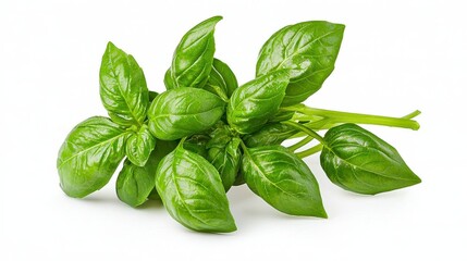 Fototapeta premium Fresh bunch of fragrant basil leaves isolated on a bright white background showcasing their lush green appearance
