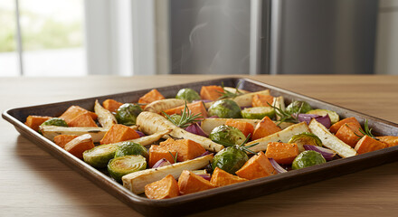 Roasted root vegetables on a sheet pan, ready for a healthy and delicious meal