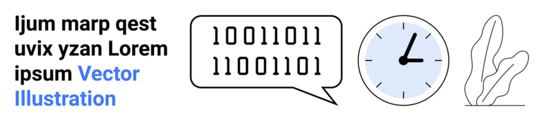 Binary code in speech bubble, clock indicating time, decorative plant. Ideal for technology, communication, minimalism, coding, time management, productivity simple landing page