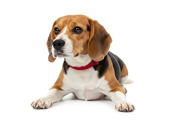 A beagle dog lying down with a red collar on a white background.