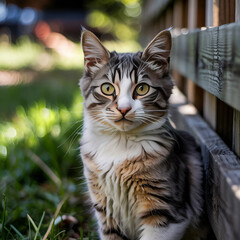 Cute tabby cat outdoors by a wooden fence.