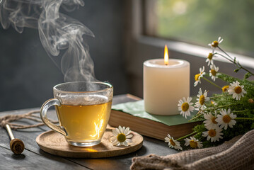 Warm cup of herbal tea with steam rising, cozy setting with scented candle, fresh flowers, and a book, soothing atmosphere for relaxation and mindfulness
