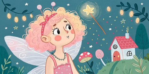 Curly Haired Fairy Girl With Wings Watching Glowing Wand In Magical Garden At Night, Fantasy Concept For Childhood Wonder, Storytelling, Kids Products, And Dreamy Illustrations