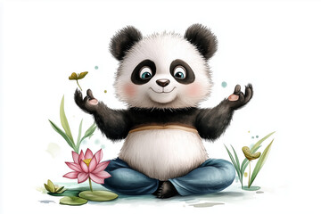 Fototapeta premium Smiling panda meditating with lotus flower and jeans on white background
