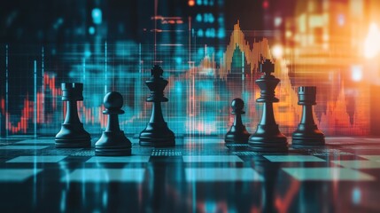 Chess pieces on a board, financial data overlay, strategic planning