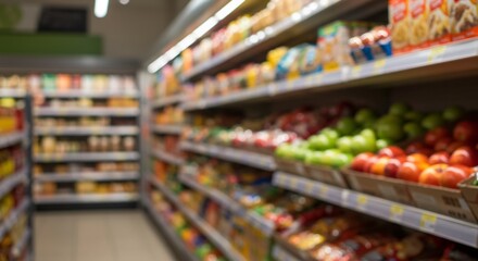Grocery store aisle vibrant produce soft lighting. AI Generated