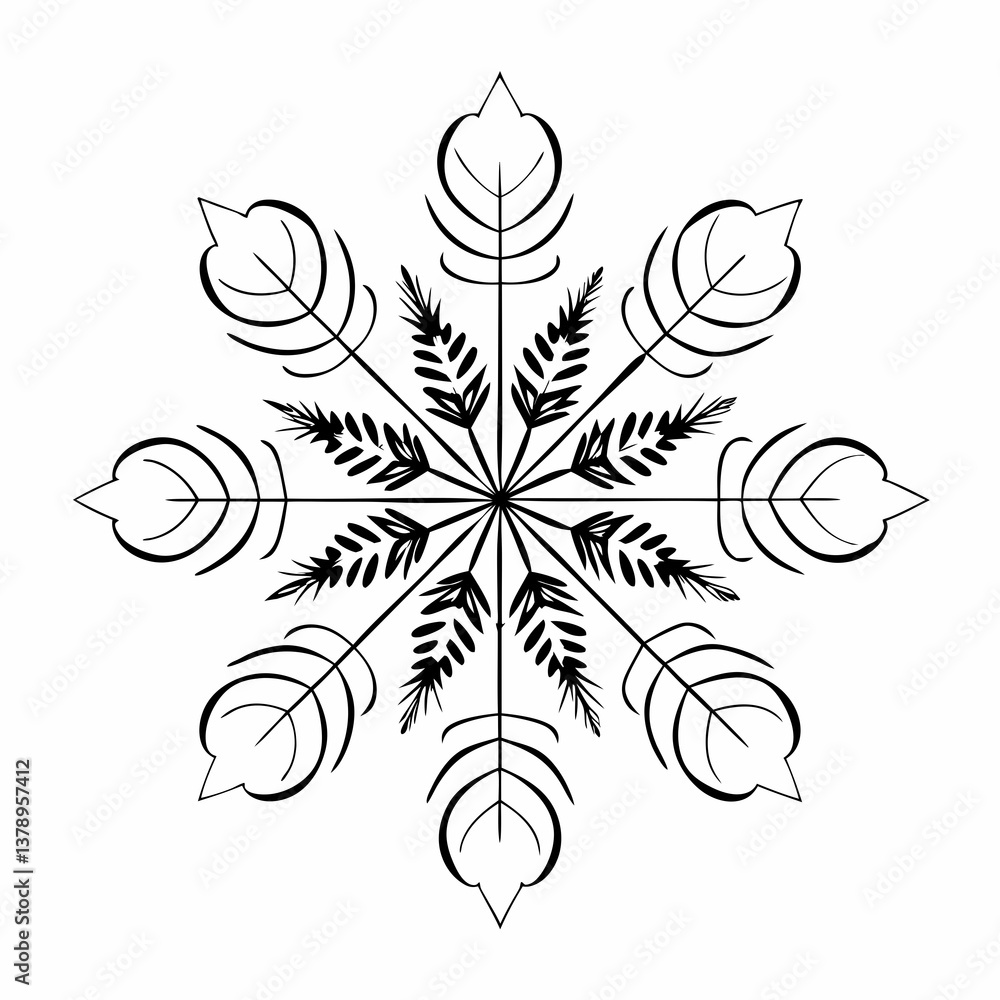 Poster black and white snowflake design with leaf patterns