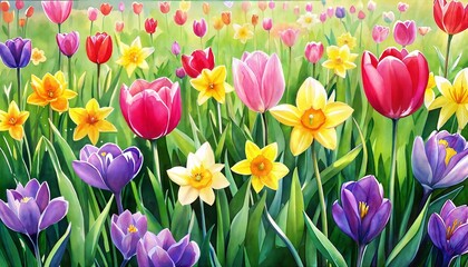 Watercolor illustration of a vibrant spring flower garden with tulips and daffodils blooms