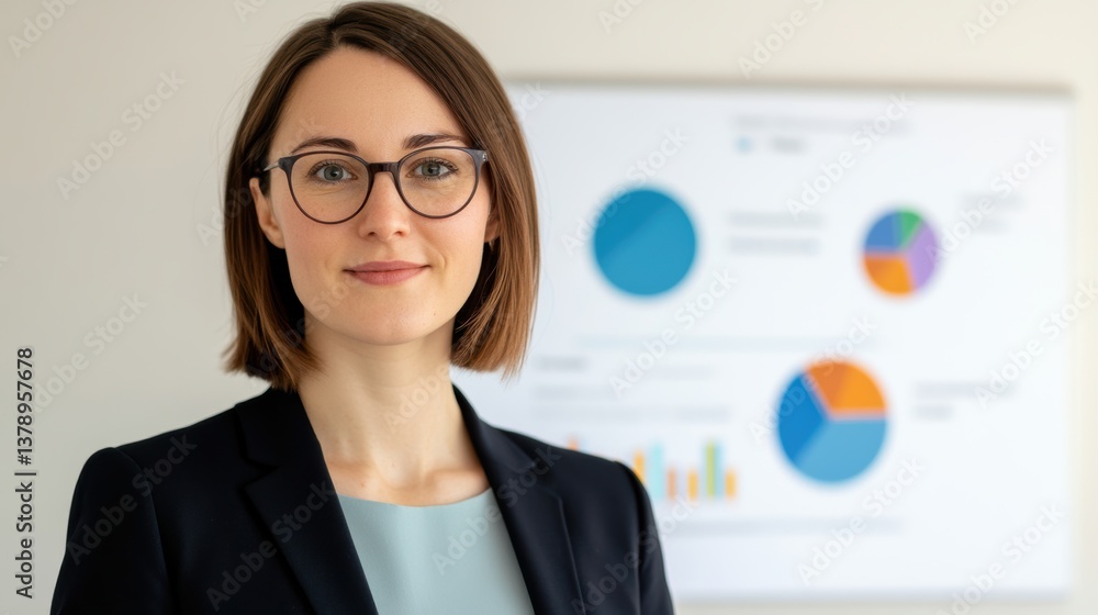 Poster a confident professional woman stands in front of a presentation board displaying various charts and