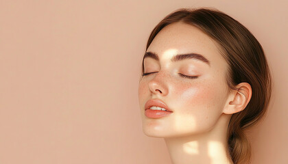 Blonde model, for cosmetics brand,
aesthetics and beauty, professional studio photography. Simplicity transformed into art, pink background.