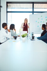 Business people, coaching or whiteboard in presentation for profit growth, discussion or meeting....