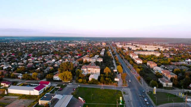 Korostyshiv aerial view. Highway entrance to the city, Zhytomyr region, Ukraine