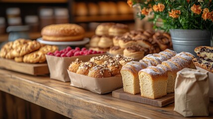 Freshly baked goods displayed on a wooden table in a cozy bakery during morning hours