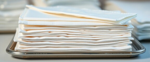 Stack of Clean White Cotton Napkins on Silver Tray Soft Fabric Texture