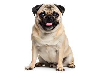Obraz premium A fawn pug sitting with tongue sticking out on a white background .