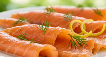 Smoked salmon delight: Elegant slices adorned with dill and lemon zest