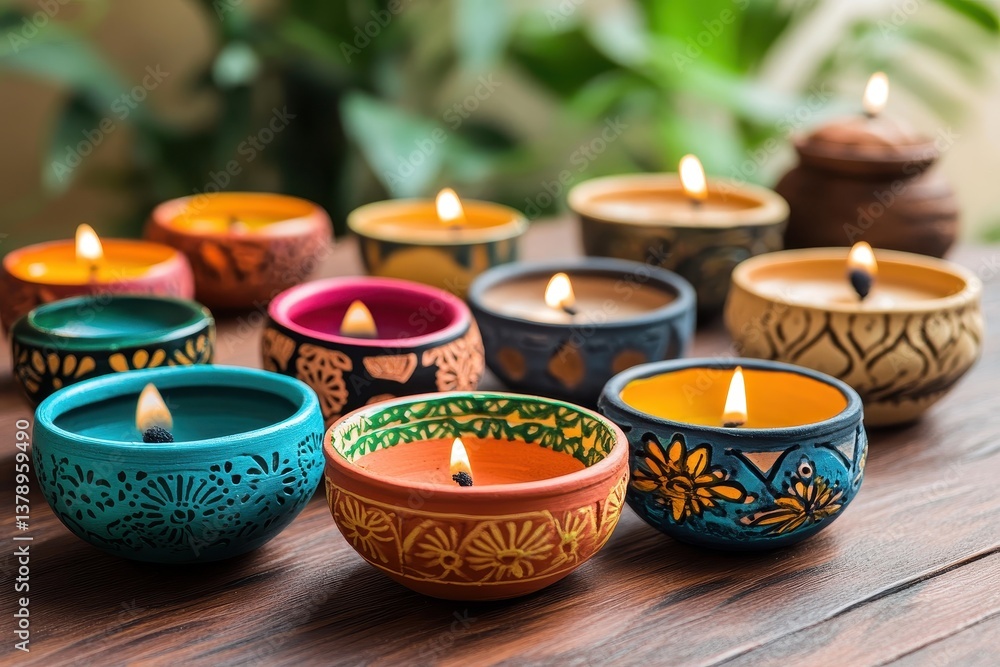 Poster a group of vibrant ceramic bowls with intricate patterns displayed on a table intricate patterns and