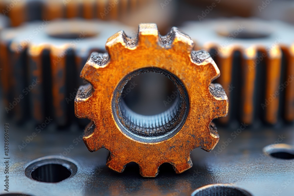 Aufkleber close-up view of a rusty gear surrounded by other metallic gears, symbolizing the machinery and mech