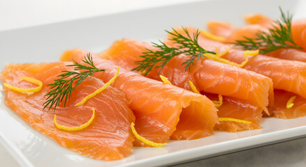 Elegant smoked salmon slices delicately garnished with fresh dill and lemon zest