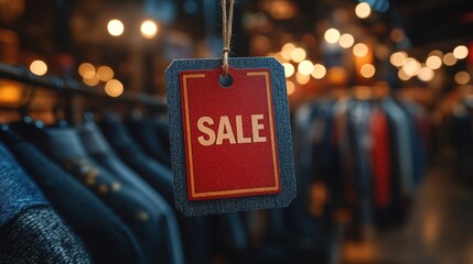 Discount tag hanging in a busy retail shop showcasing various clothing items during a weekday sale