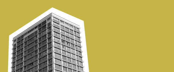 Building facade with modern design. High multistorey apartment, condo, housing, residential block, home and dwelling in urban neighborhood, real estate investment, banner background.