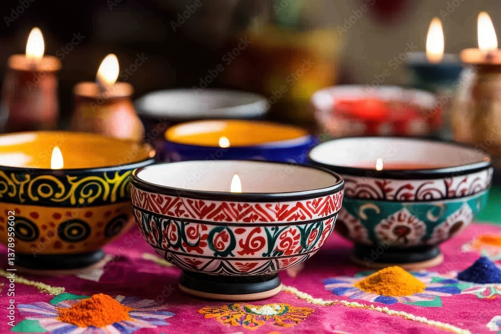 Poster a group of vibrant ceramic bowls with intricate patterns displayed on a table intricate patterns and