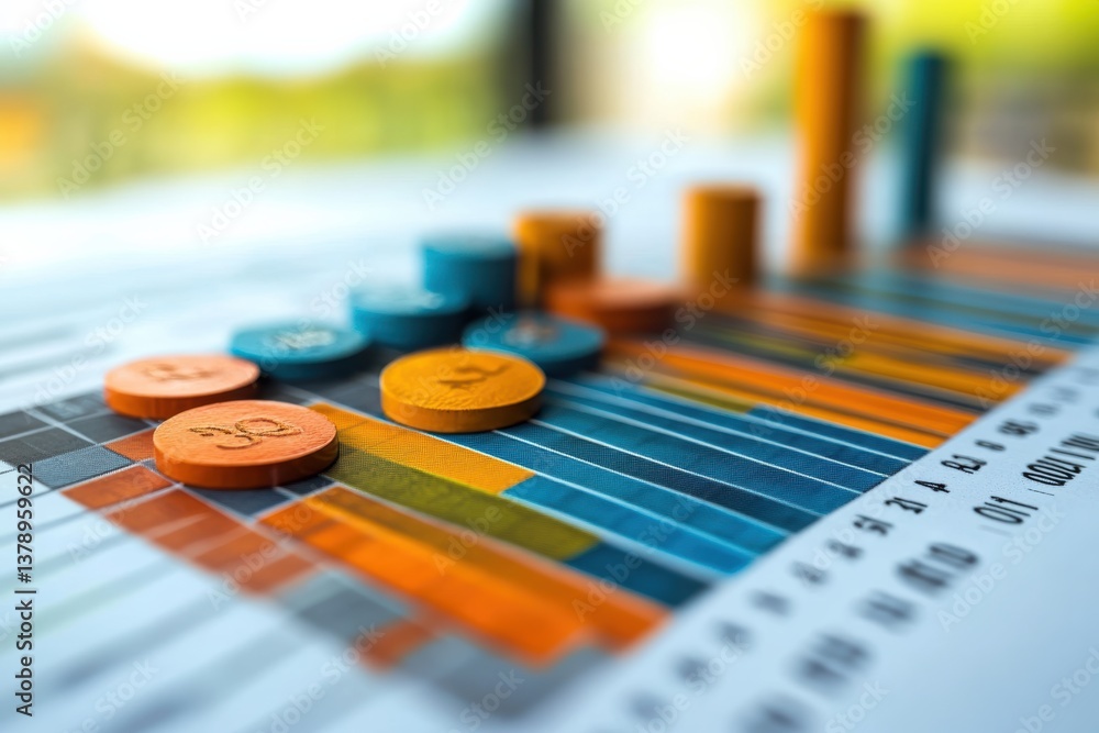 Poster Colorful business report displaying financial data with charts and colorful tokens, ideal for presentations and analysis.