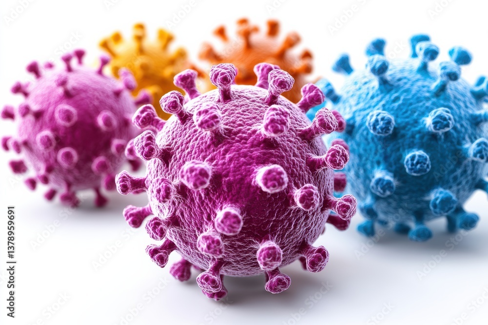 Poster Colorful depiction of viruses representing various strains in a microscopic world, showcasing the complexity of pathogens.