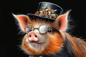 Steampunk pig in glasses and floral hat on black background