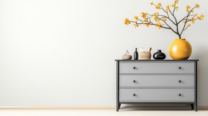 Gray dresser with black hardware against a white wall featu a large yellow vase with a flowe branch and smaller decorative objects arranged artfully