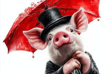 Pig in black coat with top hat and red umbrella in rain