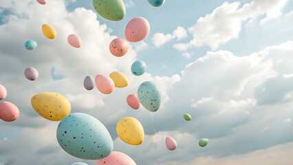 Colorful easter eggs floating gently through a soft pastel sky amongst wispy clouds