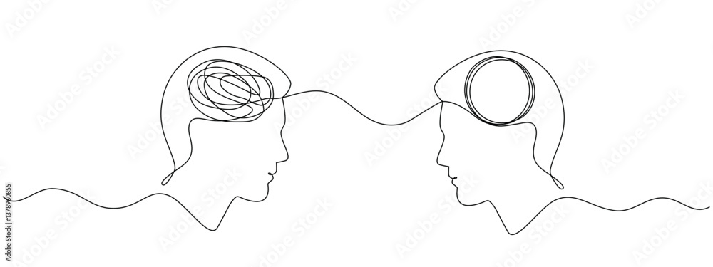 Poster two heads one with a tangled mind the other with an unraveling thread of thoughts drawn in one conti