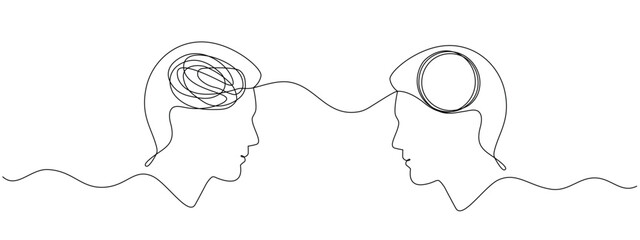 Two heads one with a tangled mind the other with an unraveling thread of thoughts drawn in one continuous line. Concept of chaos and order in thoughts, psychotherapy. Vector editable illustration