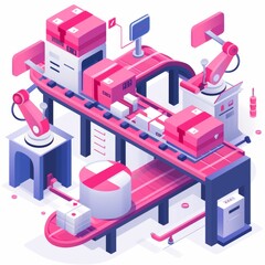 Obraz premium Minimalist isometric vector art of an automated warehouse with robotics and conveyor systems