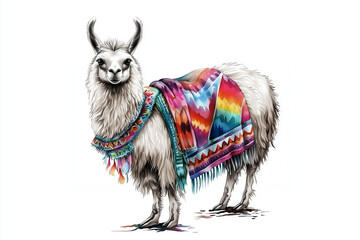 White llama in colorful traditional poncho on white background