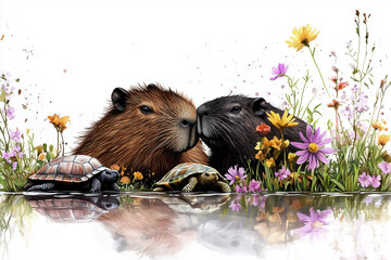 Capybaras and turtles in wildflower field by reflective water