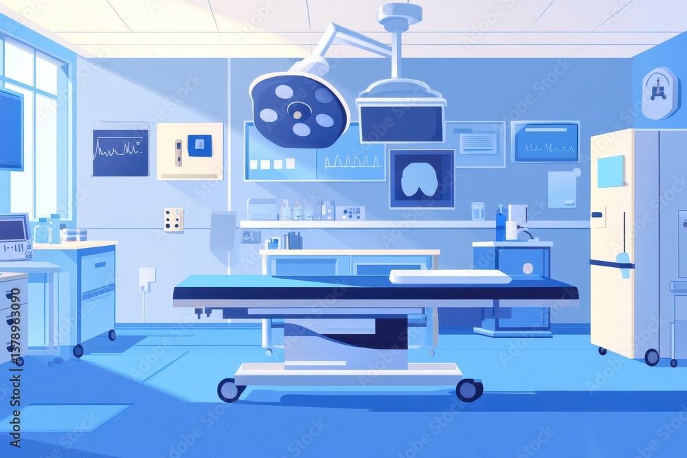 Poster a hospital room equipped with an operating table and medical instruments demonstrate the impact of r