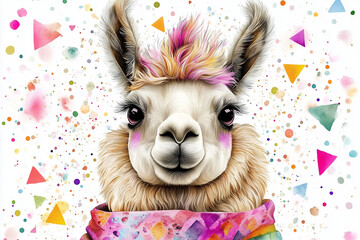 Title: Playful llama with colorful mohawk and confetti background