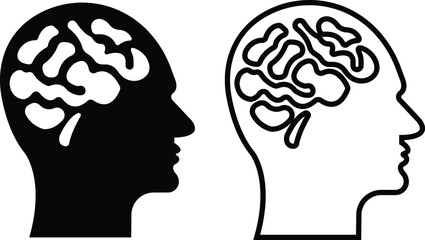 Human brain icon in flat line style set. isolated on transparent background