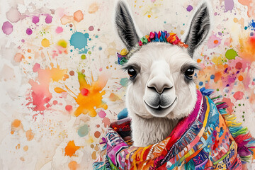 White llama in festive poncho with paint splatter background