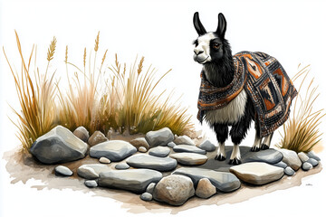 Black and white llama in poncho standing on rocky path
